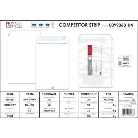 Buste a sacco Pigna Envelopes Competitor Strip 80 g/m² 250x353 mm bianco Conf. da 20 buste - 0099068